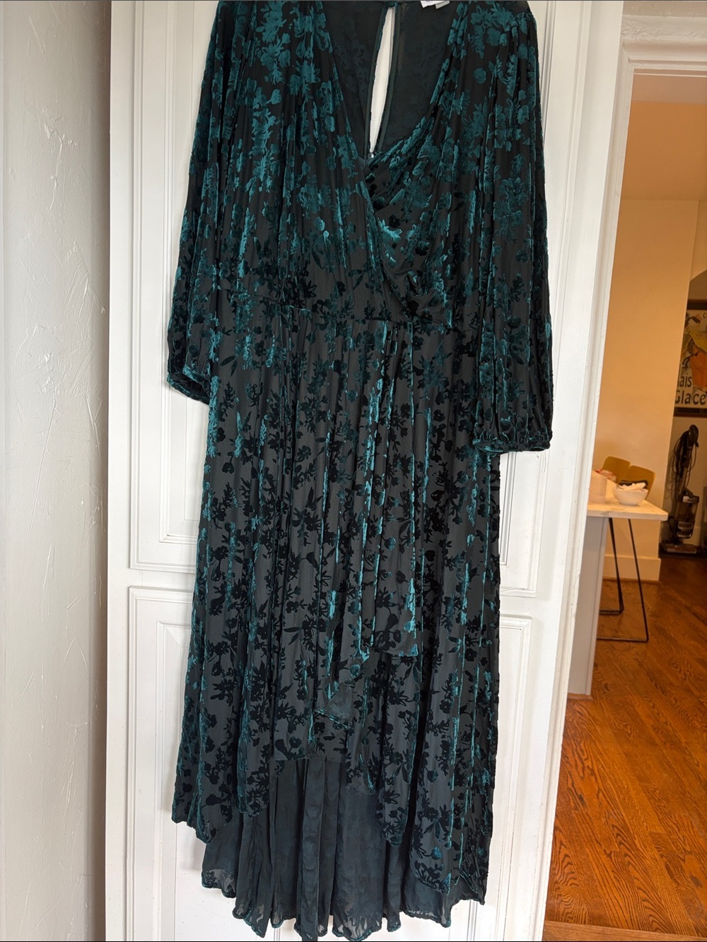Calvin Klein Dark Teal and Black Velvet Burnout Floral Midi Dress